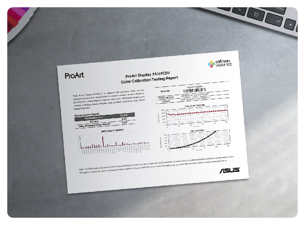 calibration report on a desk, Asus ProArt 15.6 Multi-Touch 4K HDR Portable Monitor & Pen Display PA169CDV