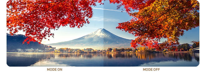 comparison image of Mount Fuji in Autumn showing DCI p3 mode on and off