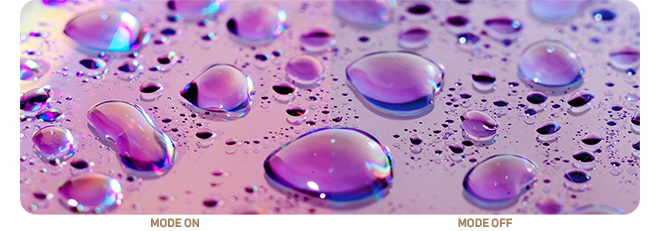 image of water droplets on pink glass showing Rec709 mode