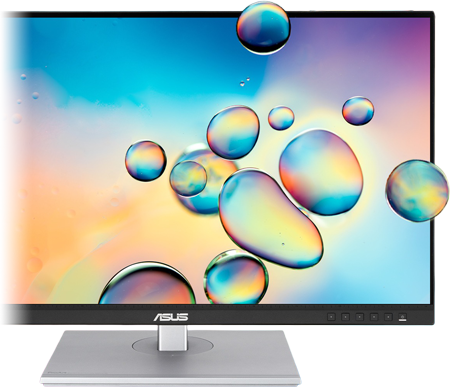 half front view of the asus proart pa248cnv monitor with bubbles coming out of the screen