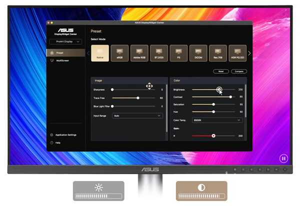 asus displaywidget center app interface on the asus pro art monitor