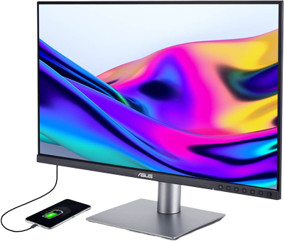 angled view of the asus pro art monitor charging a phone