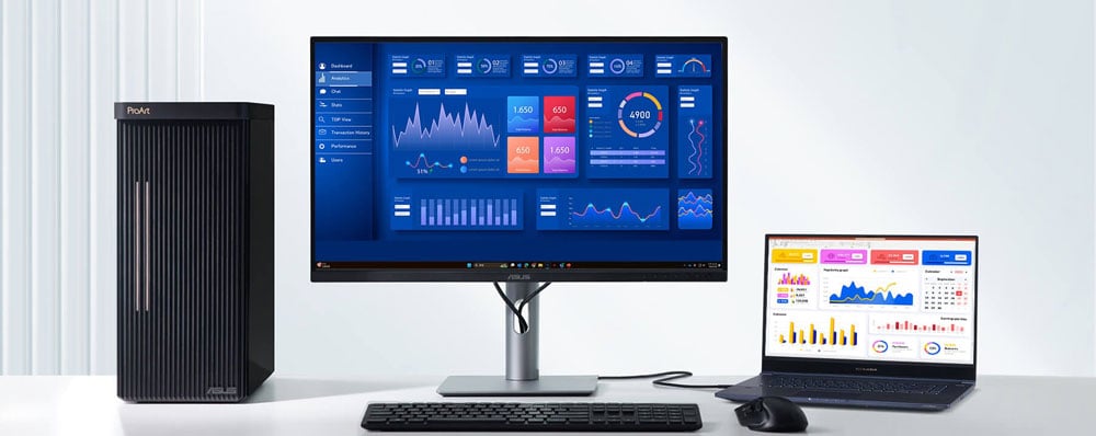 ASUS ProArt monitor connected to a laptop and pc switching between displays