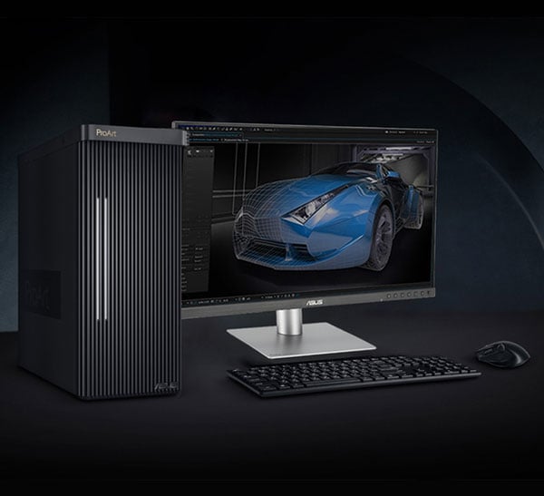 asus pro art monitor showing a 3d render of a car on a black desk connected to a pc