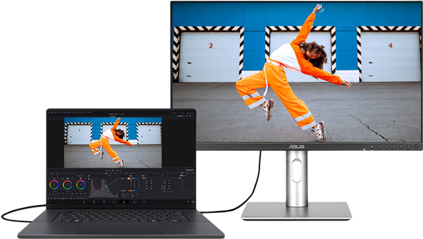 laptop connected to a asus pro art monitor via a usb-c cable