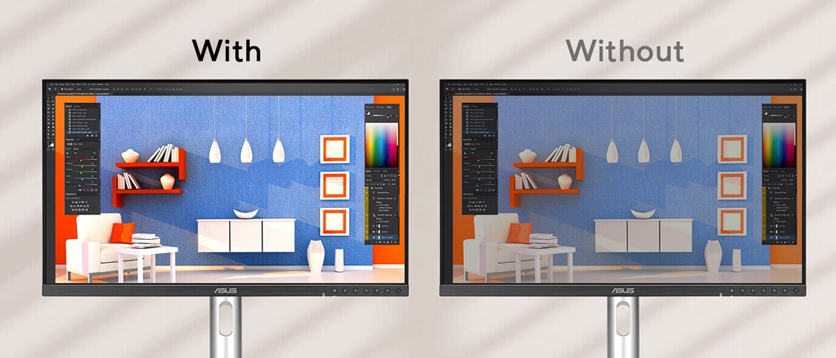 comparison of two asus pro art monitors with and without asus light sync