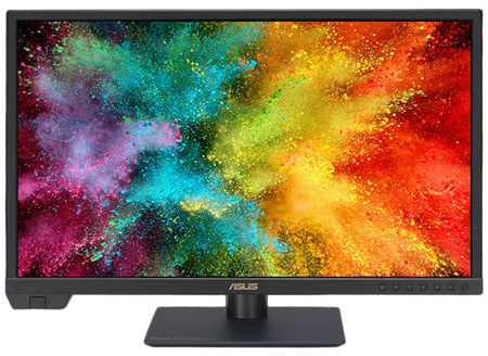 asus proart monitor with a colour dye explosion image that reaches out of the frame and onto the black background