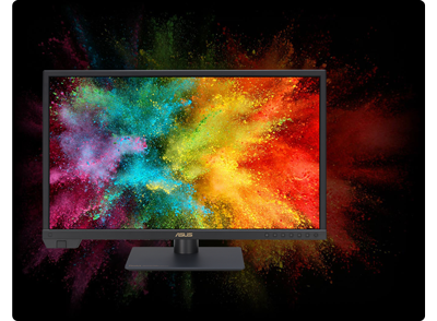 ProArt PA24US Monitor with a colour dye explosion image that reaches out of the frame and onto the black background