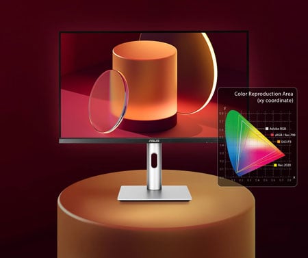PA34VCNV with colour gamut graph on red background with 100% sRGB
