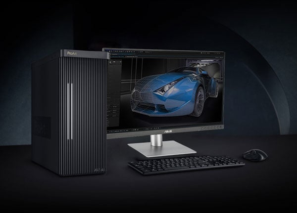 3d model of a car being rendered on the asus proart monitor