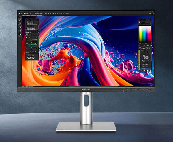 asus proart monitor showing an example of colour coverage on a grey deesk