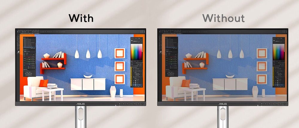 side by side comparison of asus light sync on the asus proart monitor