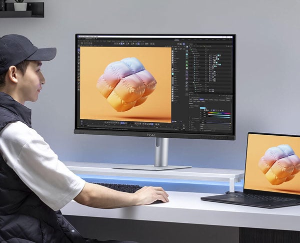somone looking at a 3d model of a pillow cube on the asus pro art display