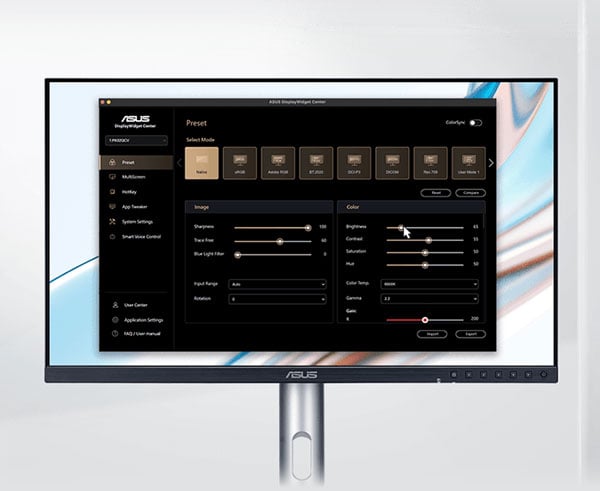 DisplayWidget Center interface on the pro art display