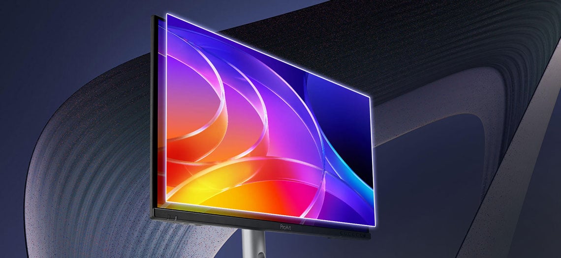 angled view of the asus pro art monitor with anti-scratch film hovering above the screen