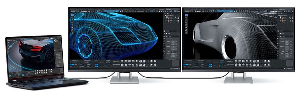 two asus pro art displays daisy chain connected to a laptop