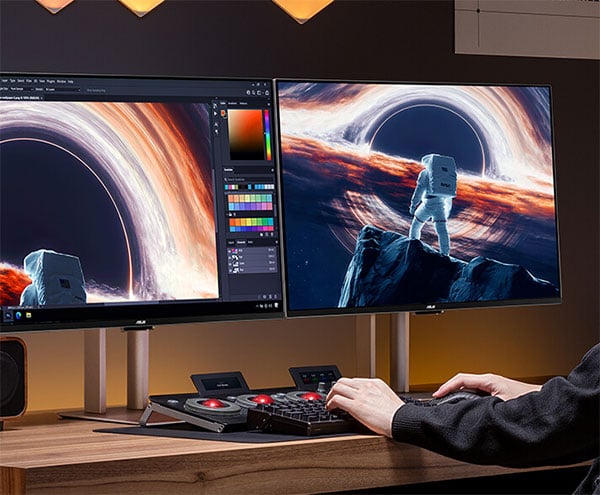 over the shoulder view of the a filmmaker editing on the asus proart