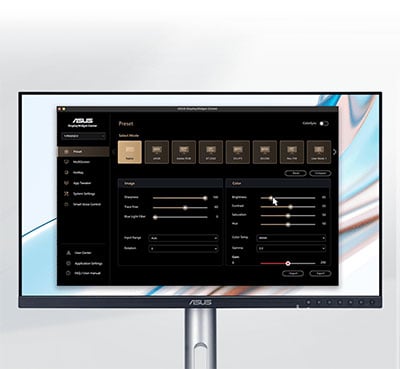 close up of the asus pro art display showing the display settings