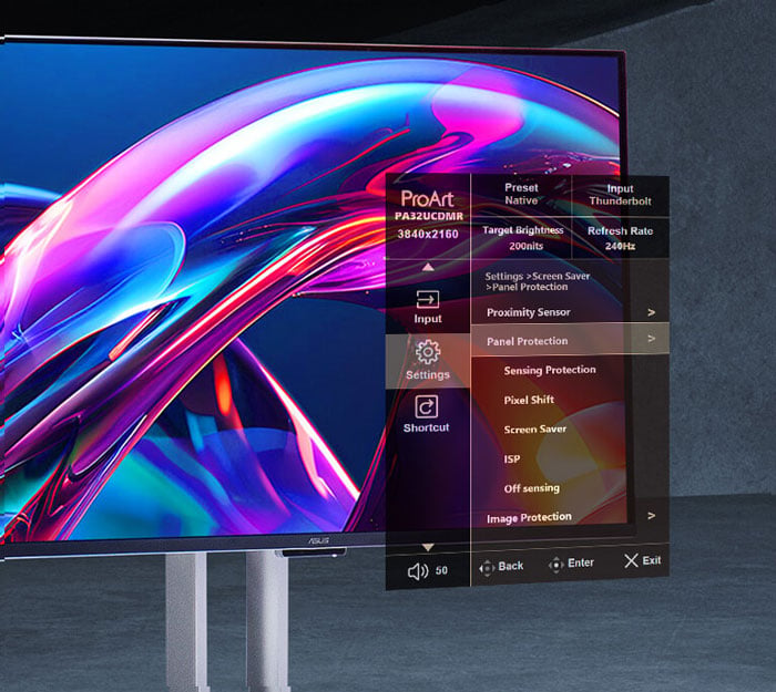 asus proart with the asus oled care settings highlighted out of the screen