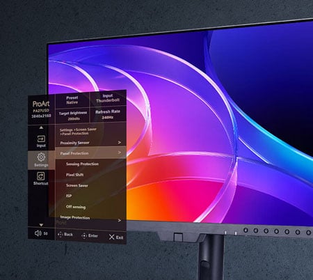 angled view of the asus pro art monitor with the settings ui coming out of the screen