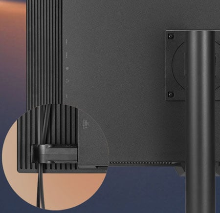 rear view of the asus pro art monitor with a close up showing the built-in cable management