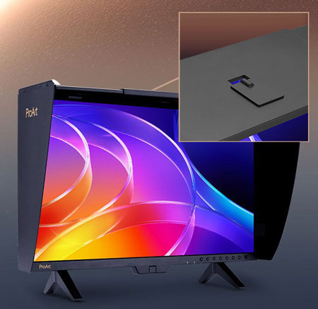 angled view of the asus pro art monitor with a close up showing how the monitor hood detaches