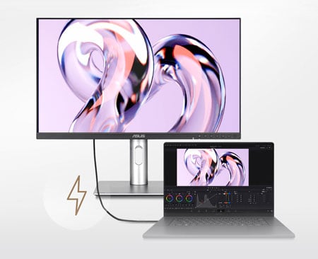 macbook connected to the asus pro art monitor with a thunderbolt cable