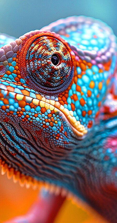 close up of a multicoloured chameleon oled asus proart monitor example