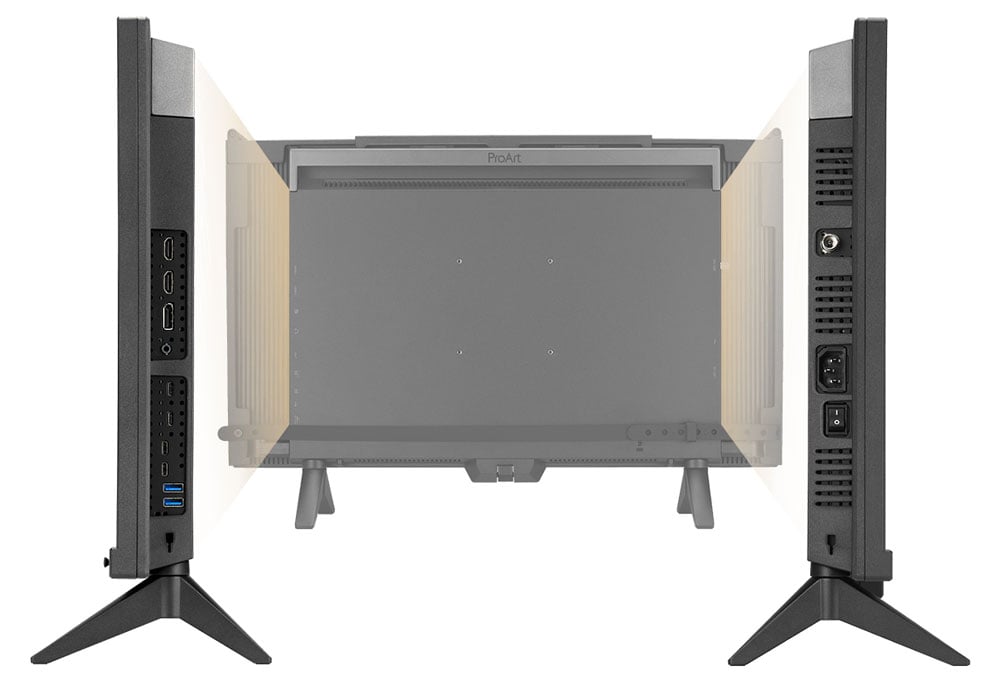 rear view of the asus pro art monitor with close ups to each side showing the ports
