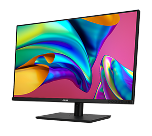 angled view of the asus proart monitor pa328cgv with coloured shapes on the screen