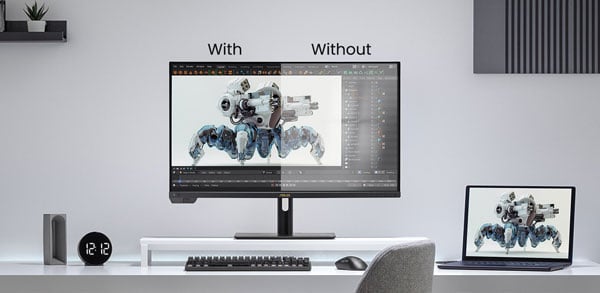 ASUS ProArt monitor showing half and half anti-glare comparison