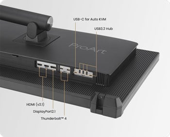 Close up view of ASUS ProArt PA32KCX Monitor connectivity ports