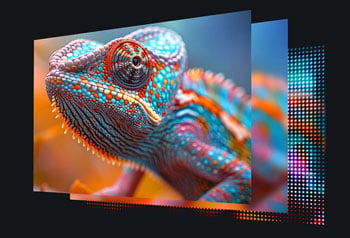 image of orange and teal cameleon showcased in 8k resolution, blurred and pixel format