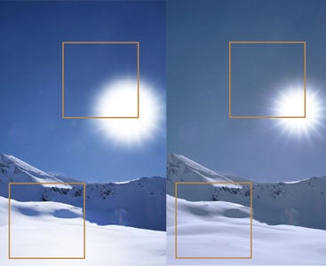 Split screen view of snow covered mountain under bright sunlight showing different PQ curves