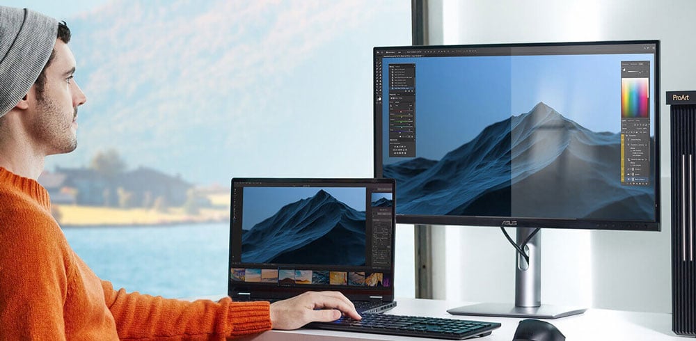ASUS ProArt pa27ucge on minimalist desk showing LuxPixel active