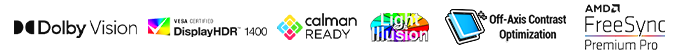 Dolby Vision, DisplayHDR 1400, Calman Ready, Light illusion, off-axis Contrast Optimisation, AMD FreeSync Premium Pro logos 