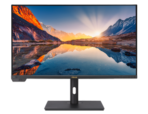 image of ASUS ProArt PA32UCXR display with background of sunrise over snow covered mountain lake reflecting the sky