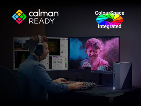 someone using the asus pro art monitor to edit an image with calman ready and colour space integrated logos