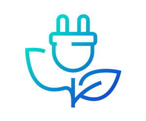 blue and teal icon of flower with electrical plug in place of the flower head