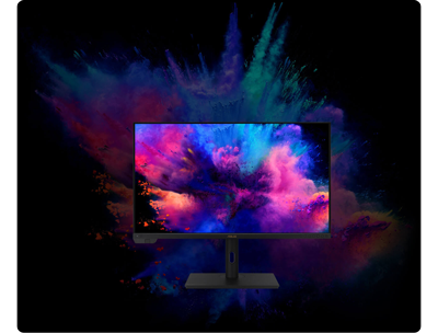 photograph of ASUS ProArt PA32UCXR display with vibrant paint powder explosion 
