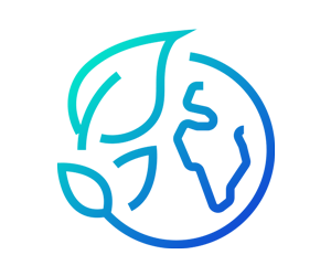 Blue and teal icon of globe surrounded with leaves