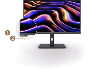 photograph of ASUS ProArt PA32UCXR display with highlighted ambient light and proximity sensors