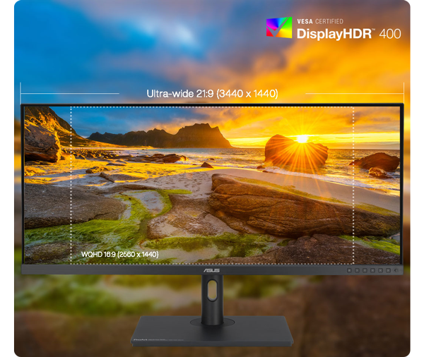 ASUS ProArt PA348CGV Monitor with image of coastal sunset showing DisplayHDR 400 QHD resolution