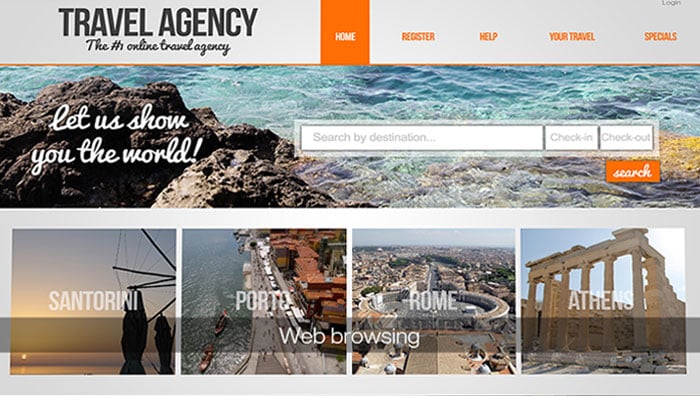 image of travel agency website with text web browsing