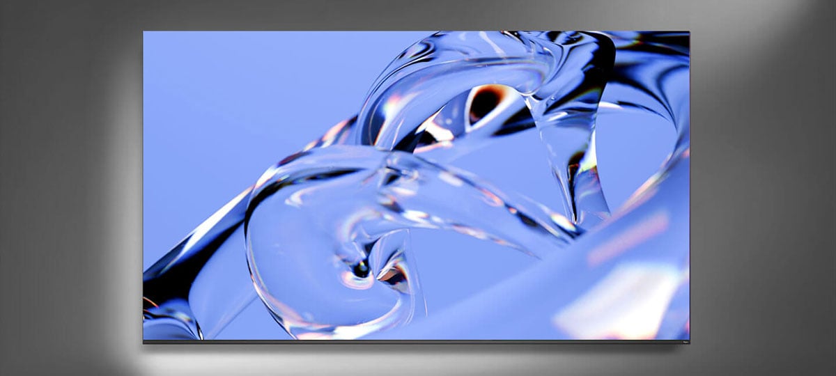 asus pro art cinema display mounted ona grey abckground showing an image of water on a purple background