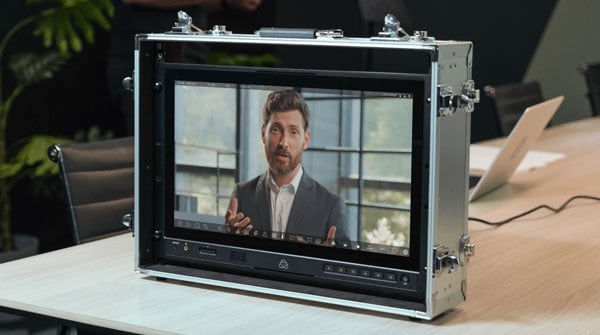 atomos monitor on a desk mounted inside a protective aluminum flight case