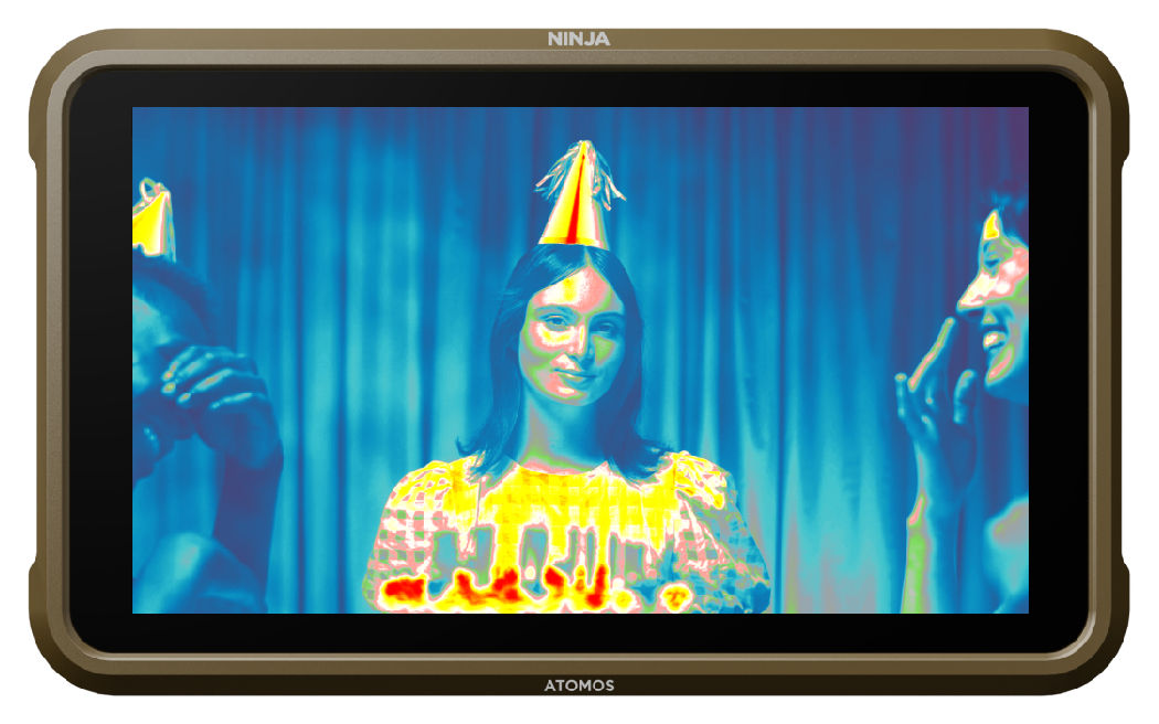 Atomos Ninja showing a party scene using EL Zone and ARRI colorized exposure display with atomOS11, Atomos Ninja