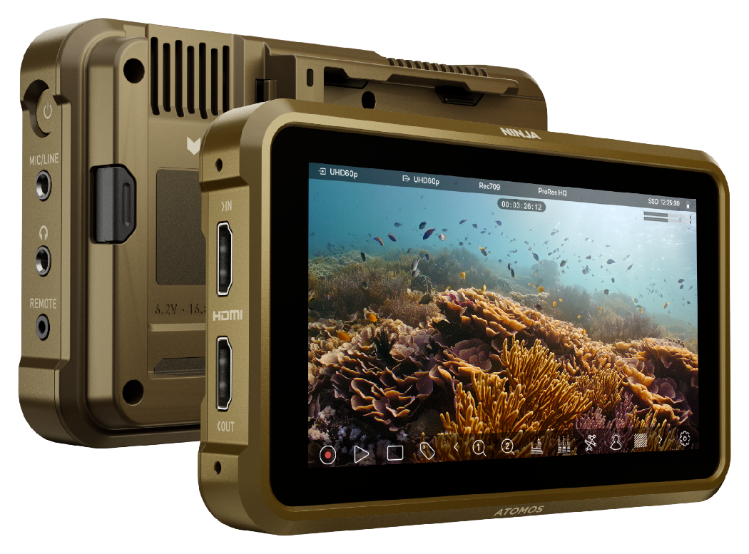 front view showing an underwater coral shot with rear view behind, Atomos Ninja