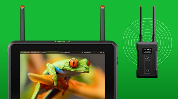 atomos shinobi 7 receiving a wireless signal from a tx component