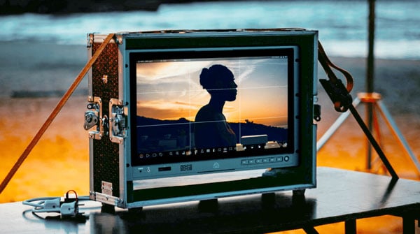 atomos shogun in a case being used as a cmera monitor on a film set
